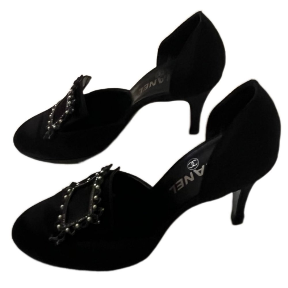 Chanel Black Satin 3.5" heels Gemstone buckle Size 36.5  (US size 6) - Picture 8 of 14
